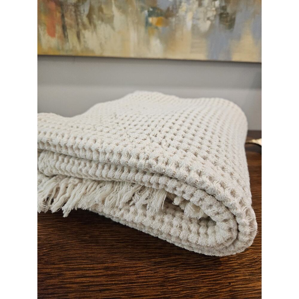 Anthropologie Tasselled Throw Blanket Cream Off White Color 44x48 Waffle Cotton - Picture 4 of 5
